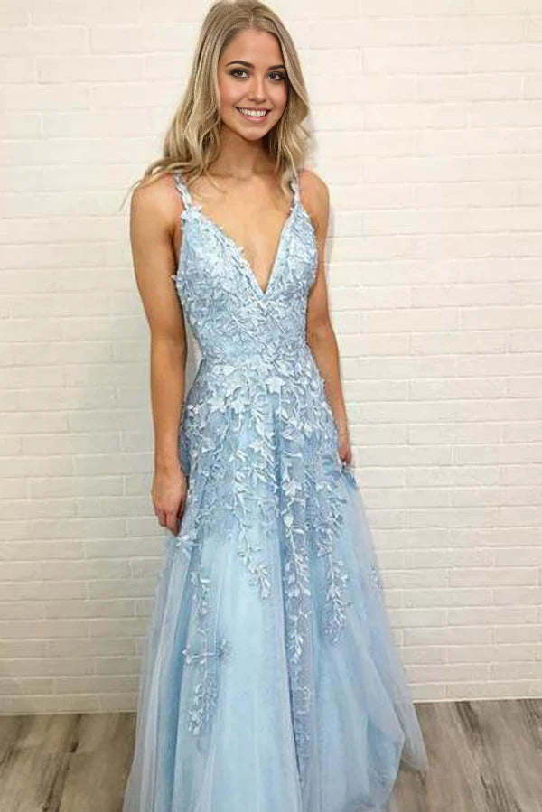 Vestido de fiesta formal de encaje con escote en V y corte A